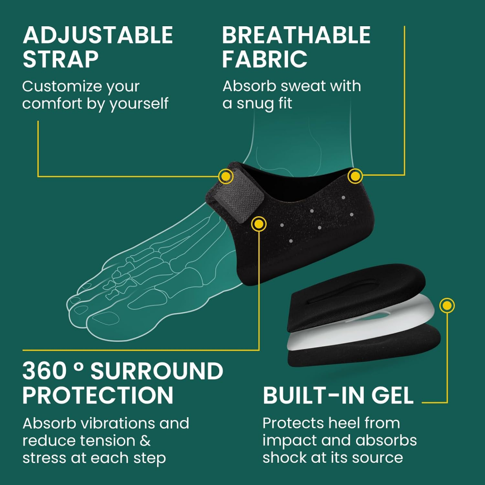 Welnove Heel Protectors Cups for Plantar Fasciitis Heels Spur Pain Relief Heel Inserts Pads for Achilles Tendonitis Dry Cracked Heel Support Cushion,Size L,Black,1Pair