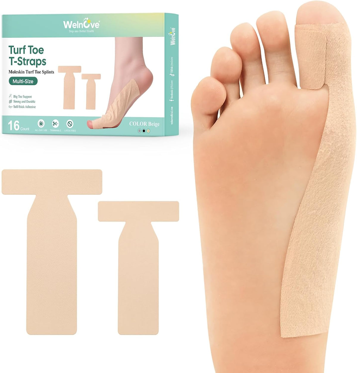 Welnove Turf Toe T-Straps for Big Toe Support, 16-Pack Moleskin Toe Straps for Pain Relief, Hypoallergenic & Adjustable Toe Stabilizer for Men & Women,Multi Size