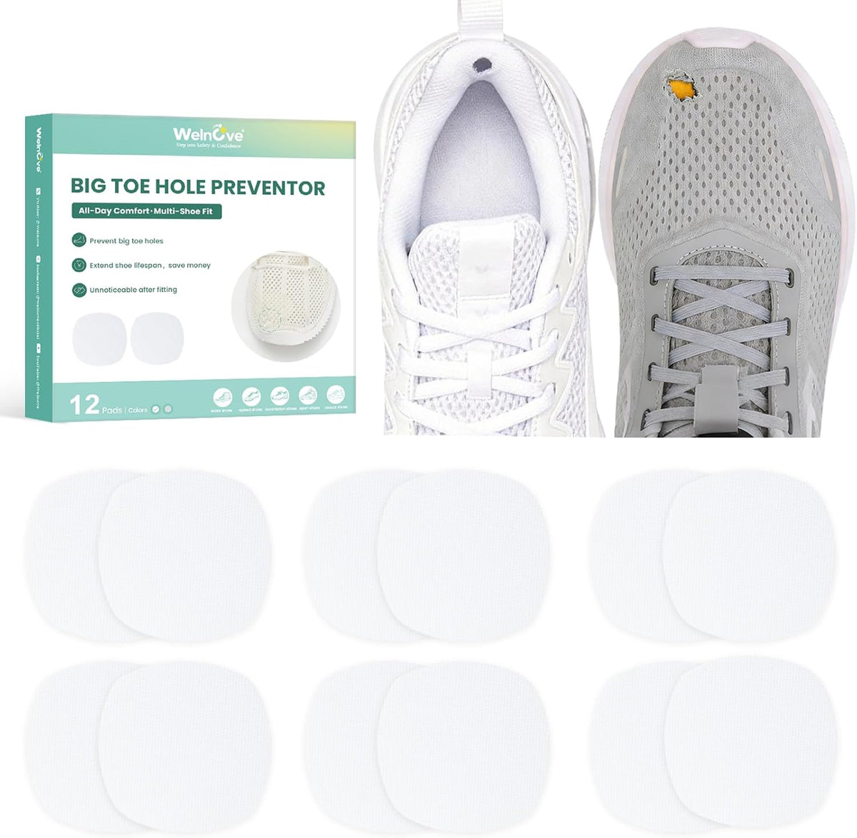 Welnove Shoe Toe Patches for Hole Prevention and Repair, Breathable Mesh Fabric Adhesive Pads for Sneakers Running Shoes, 12 Pads (6 Pairs) White