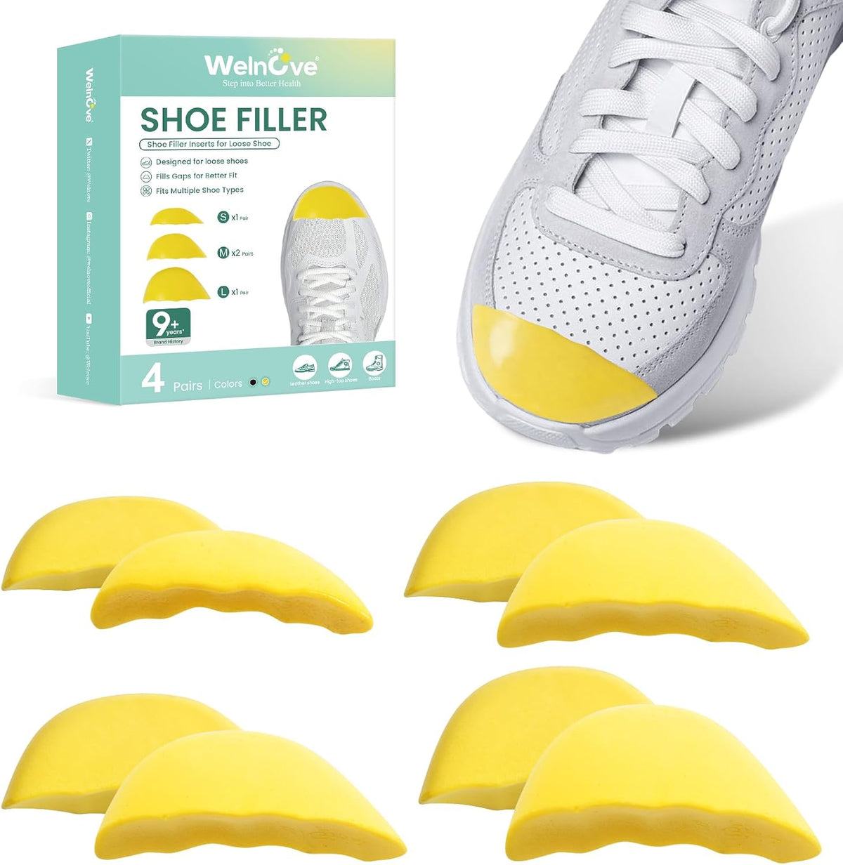Welnove Toe Fillers for Too Big Loose Shoes, 4 Pairs Soft Memory Foam Shoe Inserts for Men & Women, Fill Gaps in Sneakers Boots Heels,Size L，Yellow
