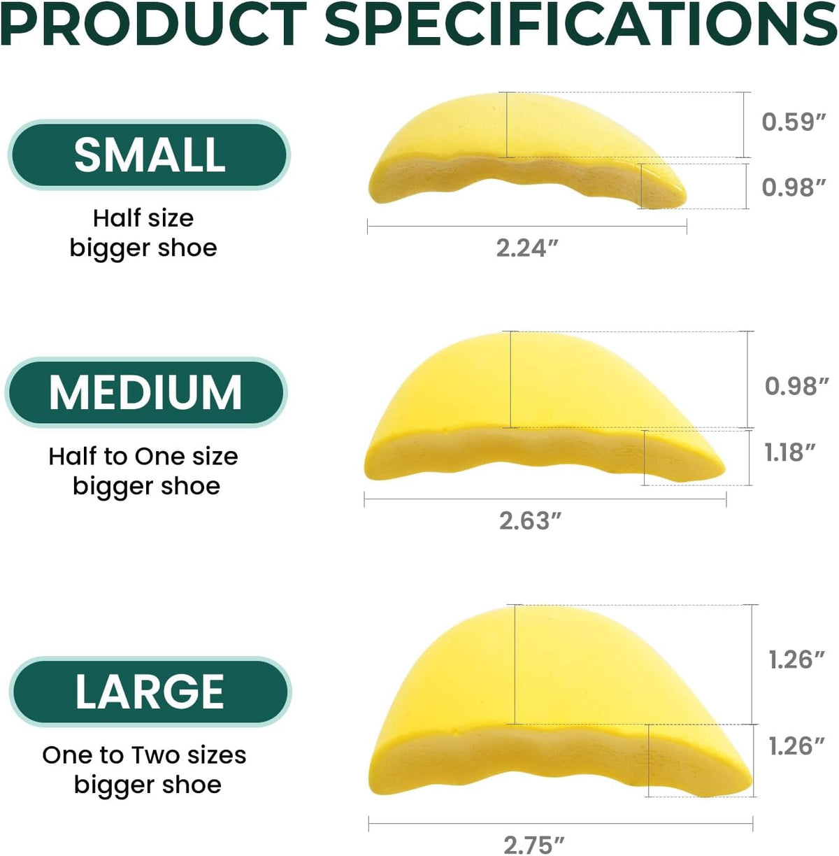 Welnove Toe Fillers for Too Big Loose Shoes, 4 Pairs Soft Memory Foam Shoe Inserts for Men & Women, Fill Gaps in Sneakers Boots Heels,Size L，Yellow