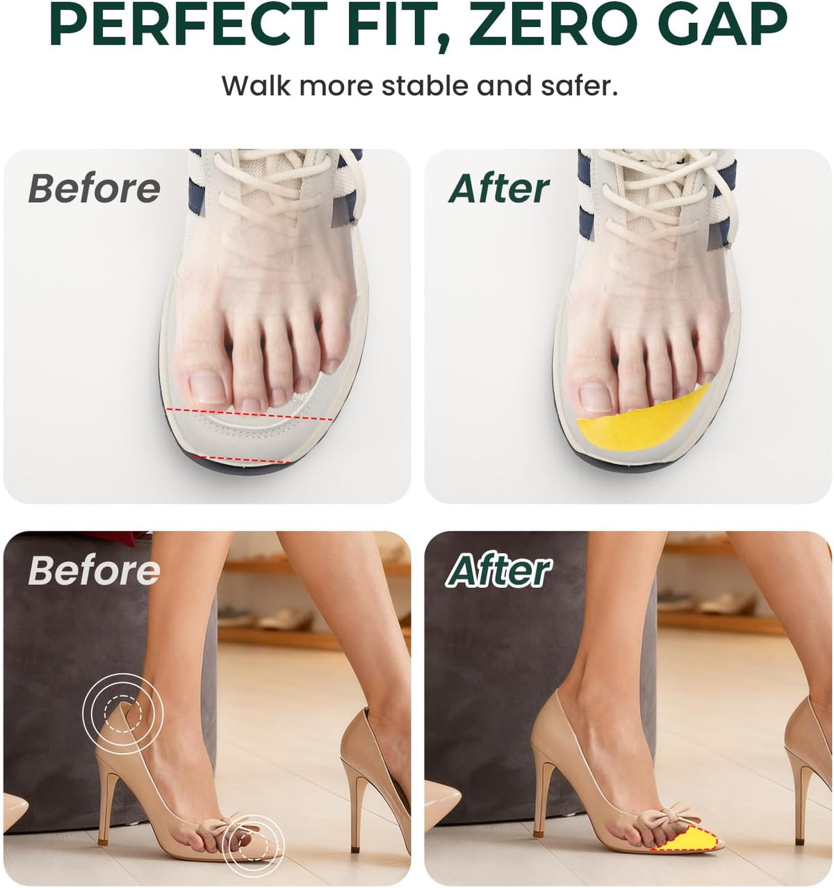 Welnove Toe Fillers for Too Big Loose Shoes, 4 Pairs Soft Memory Foam Shoe Inserts for Men & Women, Fill Gaps in Sneakers Boots Heels,Size L，Yellow