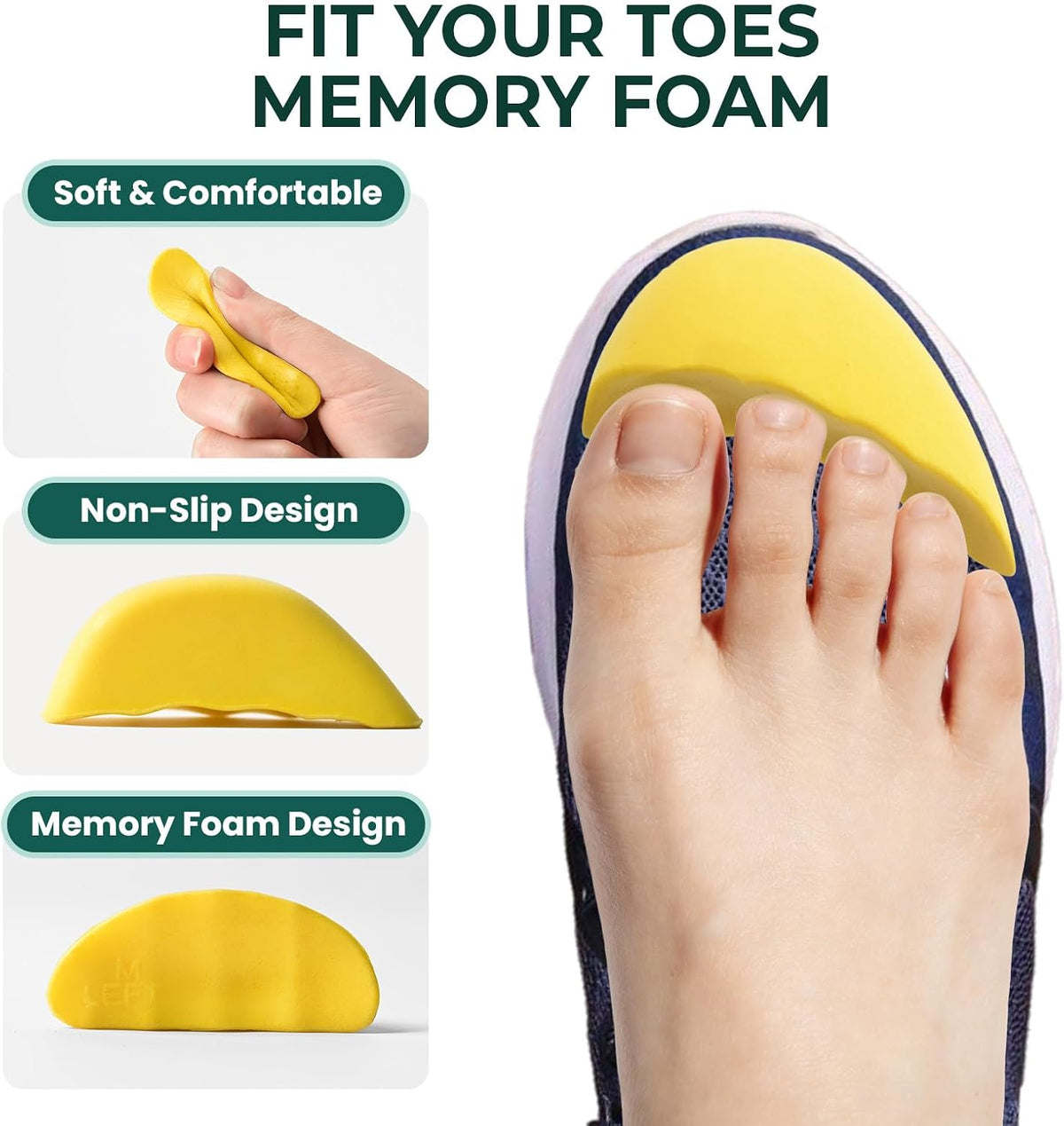 Welnove Toe Fillers for Too Big Loose Shoes, 4 Pairs Soft Memory Foam Shoe Inserts for Men & Women, Fill Gaps in Sneakers Boots Heels,Size L，Yellow