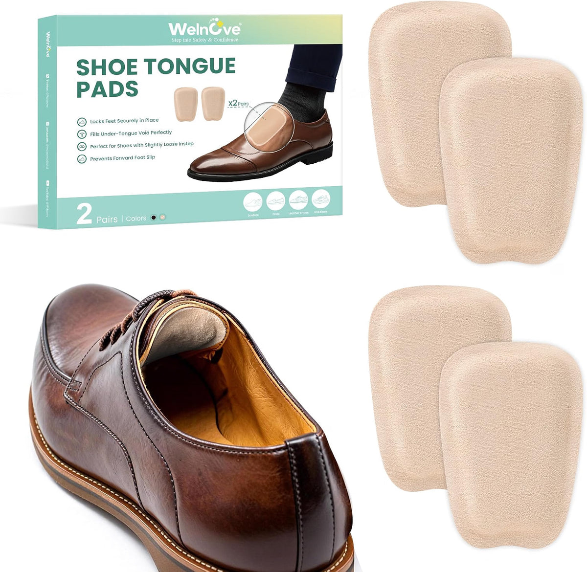 Welnove Shoe Tongue Pads Memory Foam Shoe Padding Cushion Soft Self Adhesive Inserts Filler for Boots Leather Shoes Loafers,2 Pairs,Size S,Beige Color