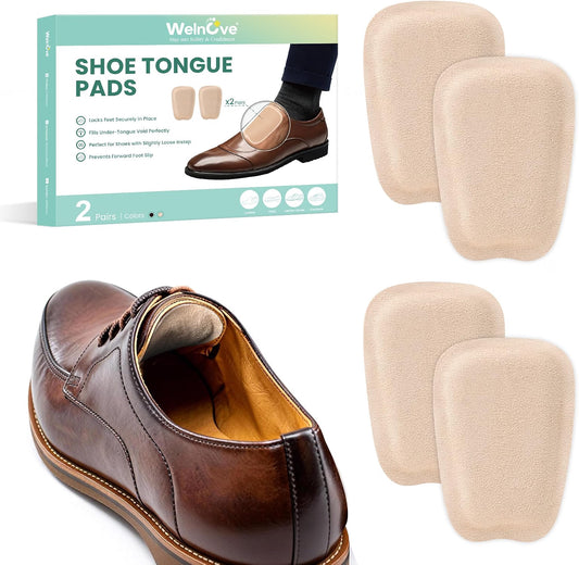 Welnove Shoe Tongue Pads Memory Foam Shoe Padding Cushion Soft Self Adhesive Inserts Filler for Boots Leather Shoes Loafers,2 Pairs,Size S,Beige Color