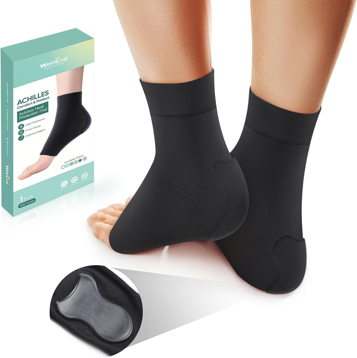 Welnove Achilles Tendonitis Heel Protector Socks, 1 Pair Black Regular Size Compression Ankle Socks with Gel Pad for Achilles Pain & Shoe Rubbing Relief