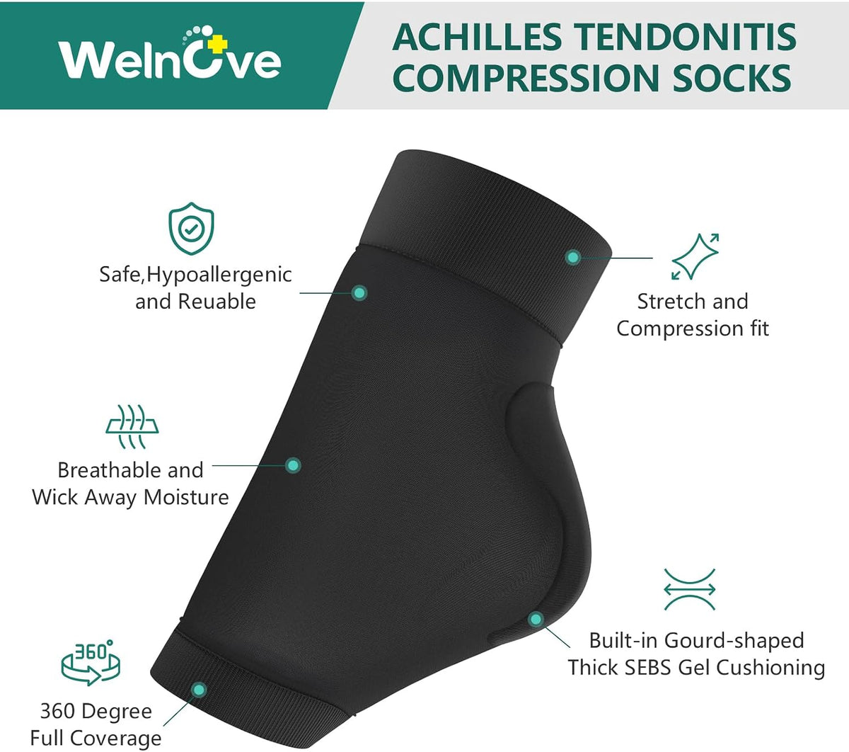 Welnove Achilles Tendonitis Heel Protector Socks, 1 Pair Black Regular Size Compression Ankle Socks with Gel Pad for Achilles Pain & Shoe Rubbing Relief