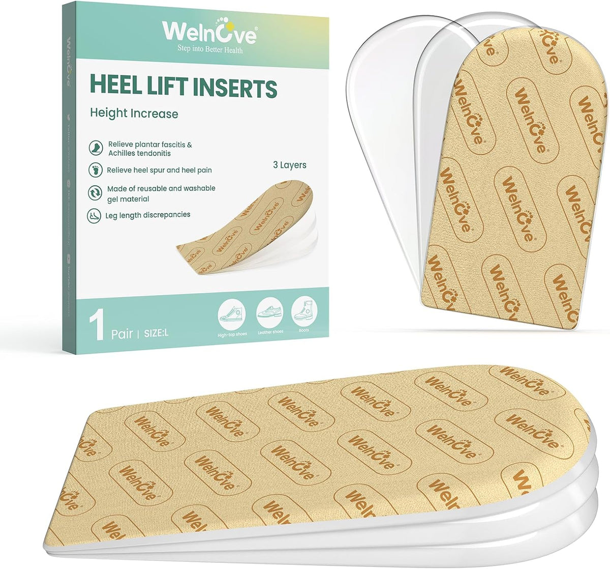 Welnove Adjustable Heel Lift Inserts Adjustable Orthopedic Shoe Lifts Uneven Legs Leg Length Discrepancy Pain,1 Pair,Size S,3 Layers