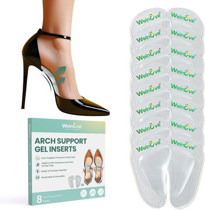 Welnove Soft Gel Arch Supports Flat Feet Plantar Fasciitis Gel Arch Support Insoles Foot Pain Fatigue Relief 8 Pairs Fit Most Shoes,0.47" Height，Clear